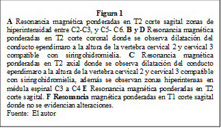 Figura 1
A Resonancia magnética ponderadas en T2 corte sagital zonas de hiperintensidad entre C2-C3, y C5- C6. B y D Resonancia magnética ponderadas en T2 corte coronal donde se observa dilatación del conducto ependimaro a la altura de la vertebra cervical 2 y cervical 3 compatible con siringohidromielia. C Resonancia magnética ponderadas en T2 axial donde se observa dilatación del conducto ependimaro a la altura de la vertebra cervical 2 y cervical 3 compatible con siringohidromielia, además se observan zonas hiperintensas en médula espinal C3 a C4 E Resonancia magnética ponderadas en T2 corte sagital. F Resonancia magnética ponderadas en T1 corte sagital donde no se evidencian alteraciones.
Fuente:  El autor
