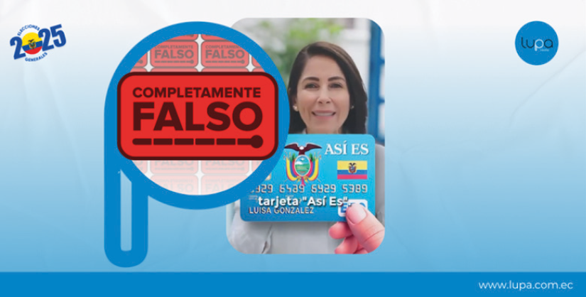 Una persona sostiene una tarjeta con la frase "Así es" mientras una lupa muestra un sello rojo que dice "Completamente falso".
Descripción generada con IA